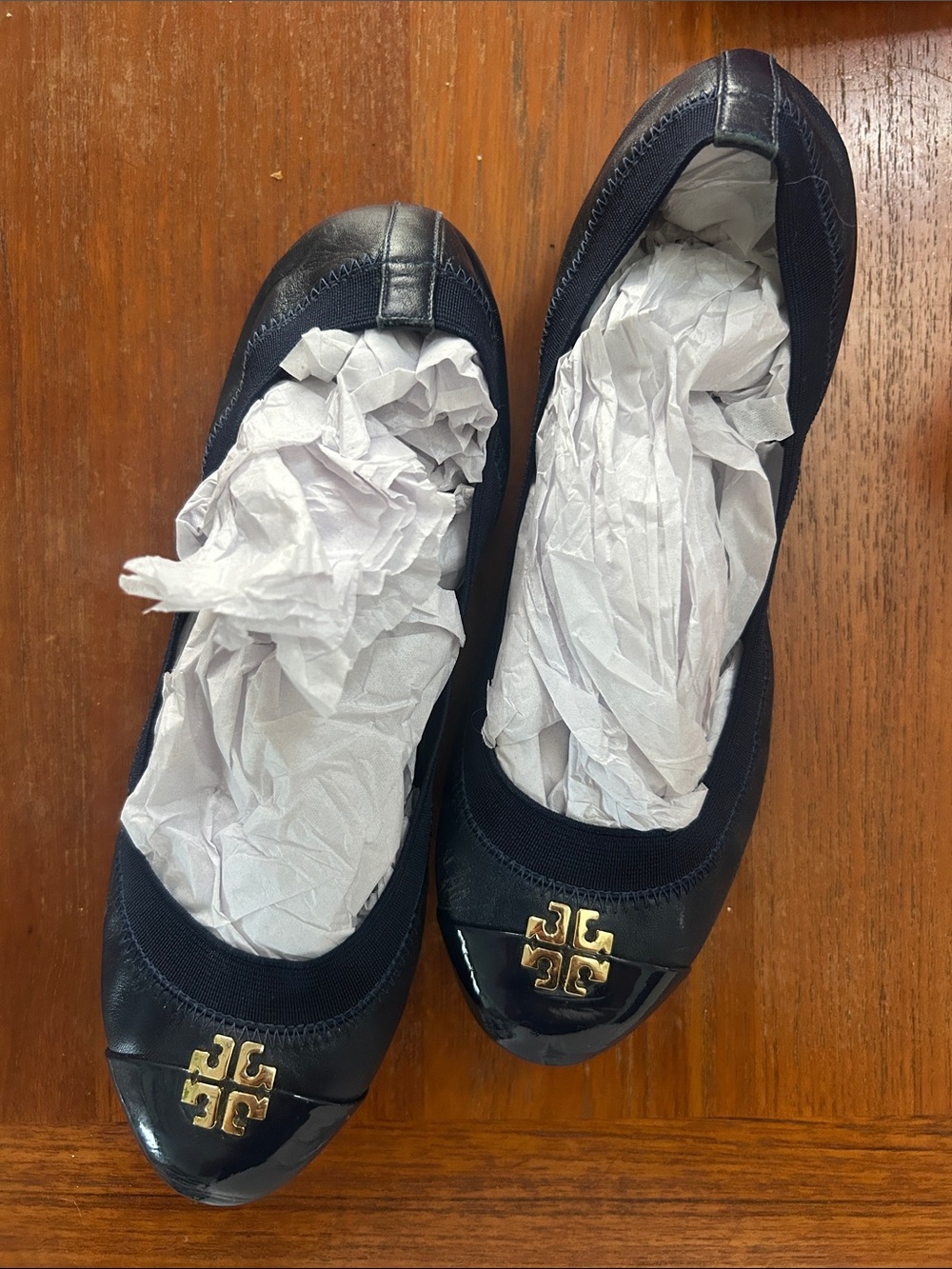 Tory Burch Navy Leather Ballet Flats with Gold Logo Emblem